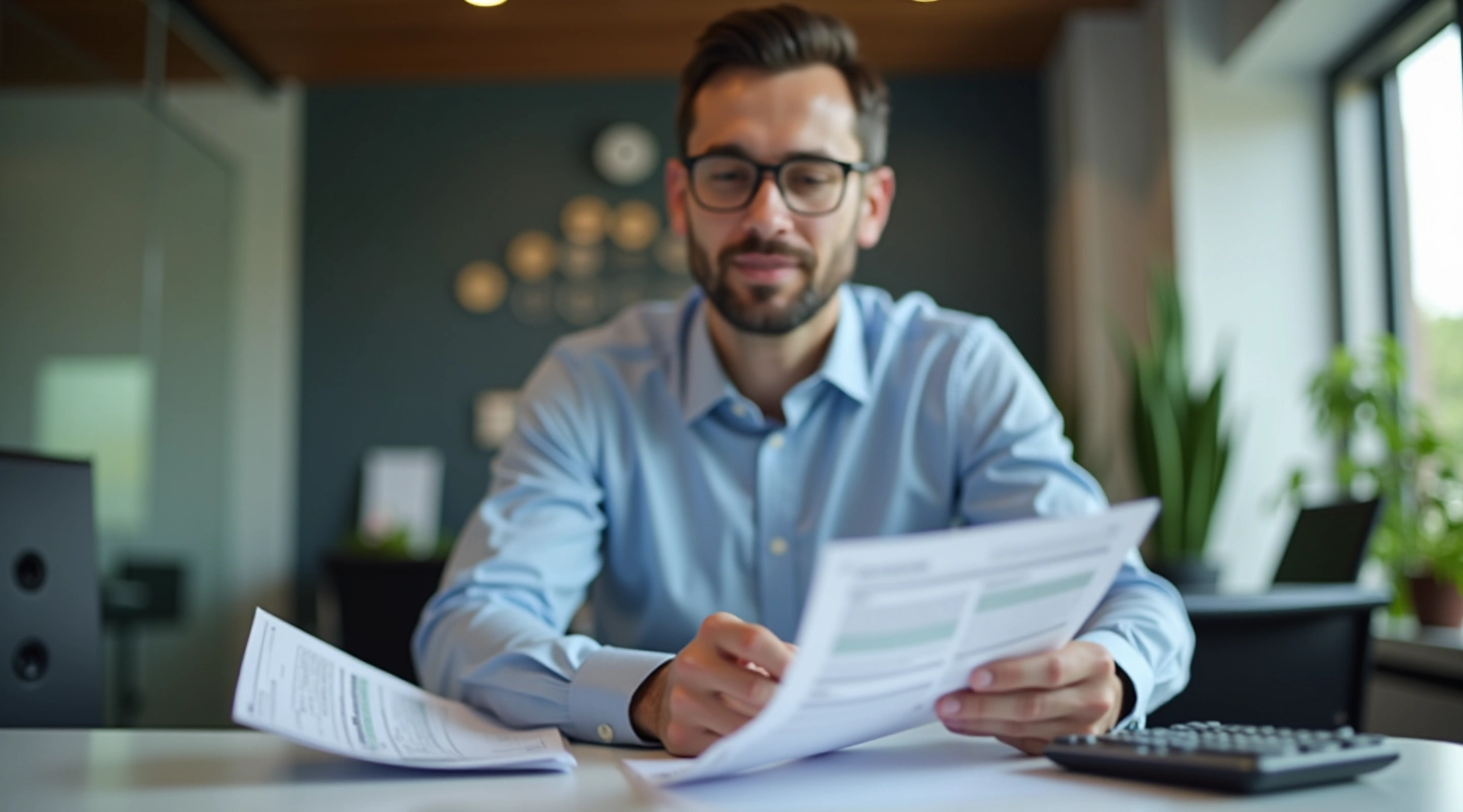 Professional accountant reviewing tax documents at desk with calculator and forms