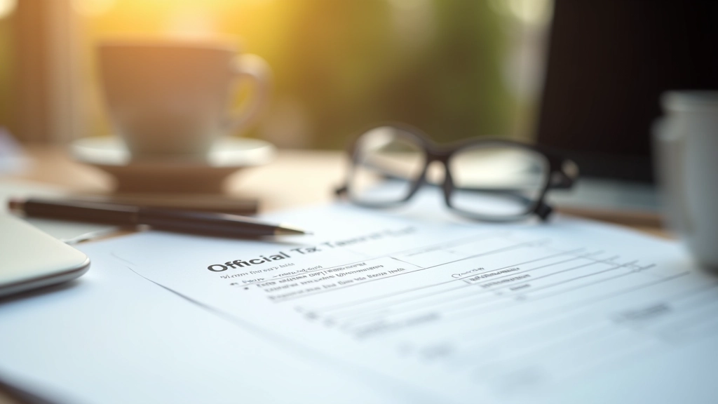 Official tax form with pen and coffee cup on table, ready for completion