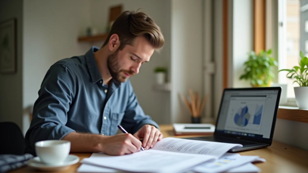 Self-employed person reviewing documents at home office with multiple papers and files